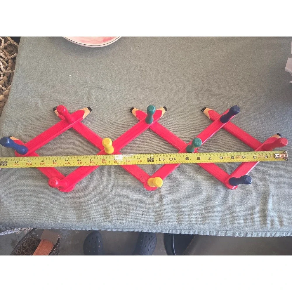 Vintage Wooden Pencil Accordion Wall Rack Expandable Peg Coat Hanger Red Multi